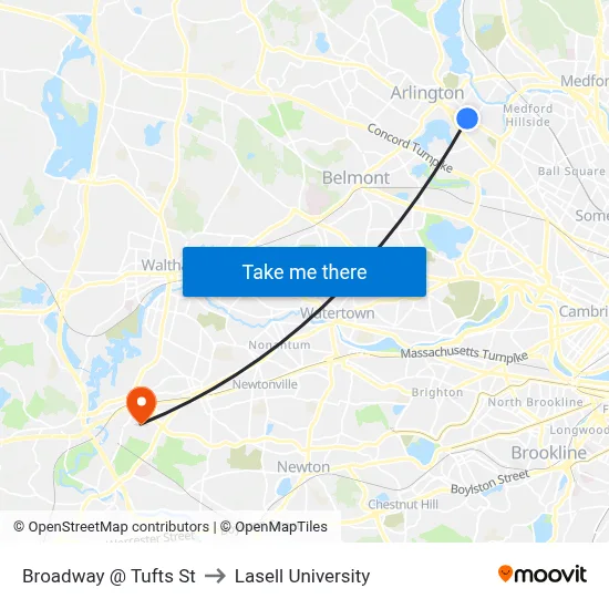 Broadway @ Tufts St to Lasell University map