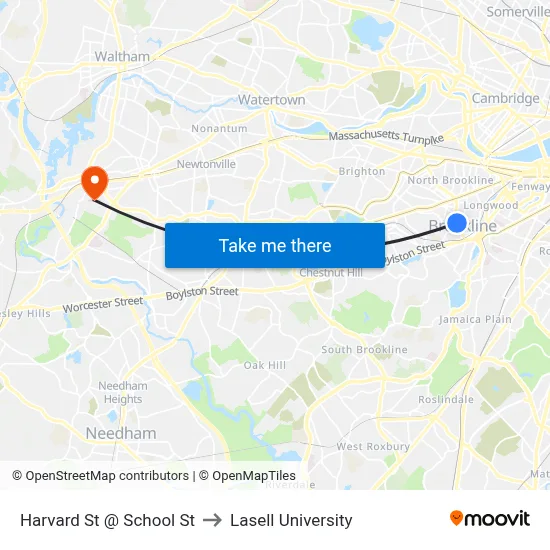 Harvard St @ School St to Lasell University map