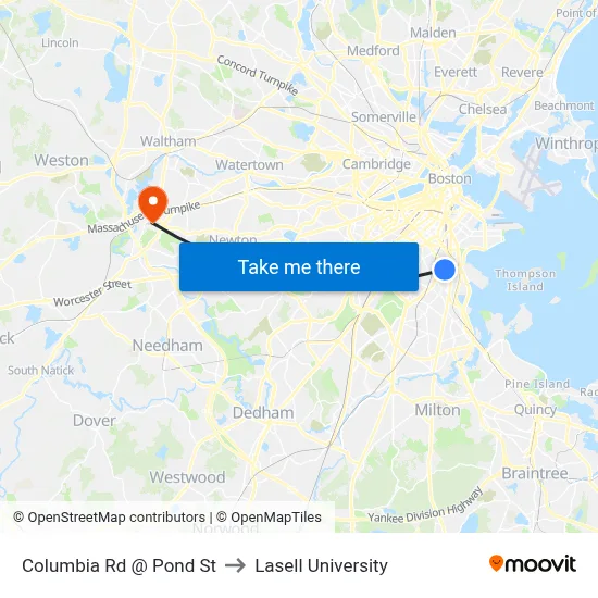 Columbia Rd @ Pond St to Lasell University map