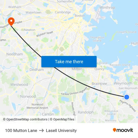 100 Mutton Lane to Lasell University map