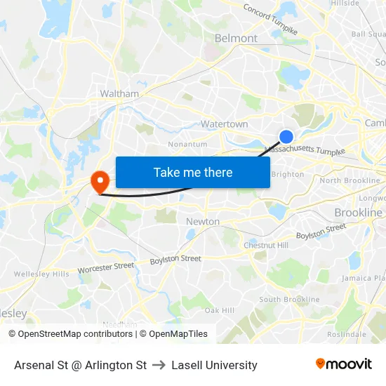 Arsenal St @ Arlington St to Lasell University map