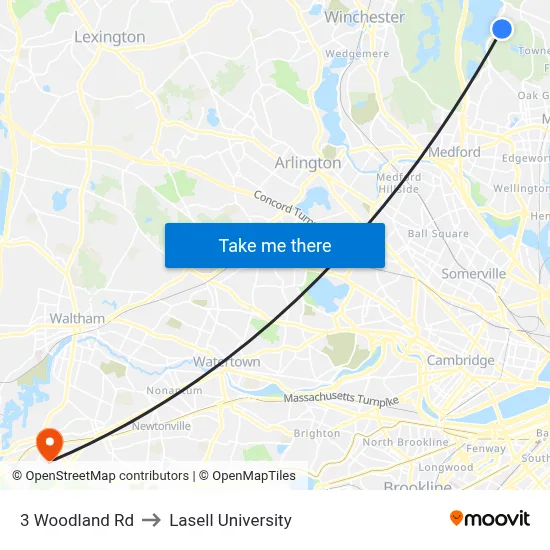 3 Woodland Rd to Lasell University map
