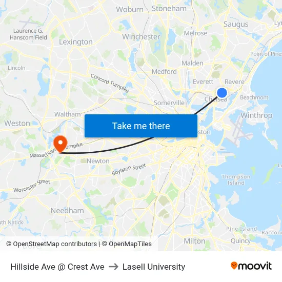 Hillside Ave @ Crest Ave to Lasell University map