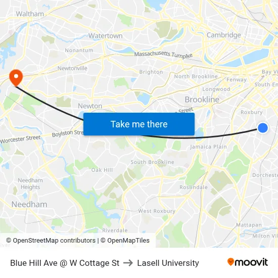 Blue Hill Ave @ W Cottage St to Lasell University map