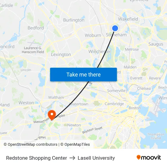 Redstone Shopping Center to Lasell University map
