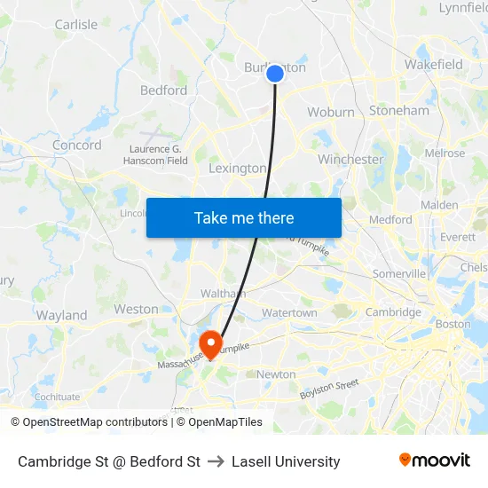 Cambridge St @ Bedford St to Lasell University map