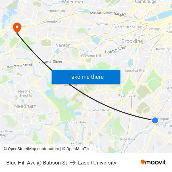 Blue Hill Ave @ Babson St to Lasell University map