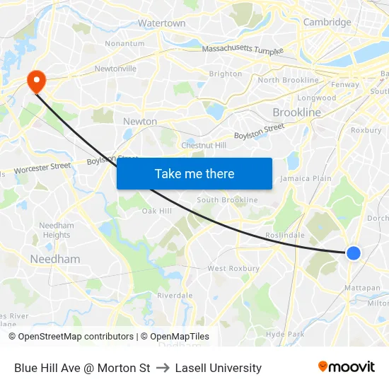 Blue Hill Ave @ Morton St to Lasell University map