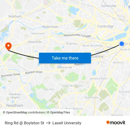Ring Rd @ Boylston St to Lasell University map