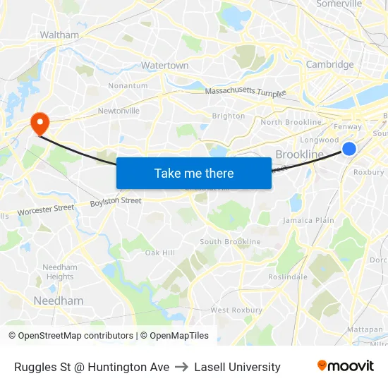 Ruggles St @ Huntington Ave to Lasell University map