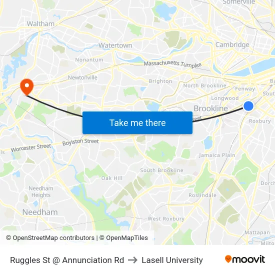 Ruggles St @ Annunciation Rd to Lasell University map