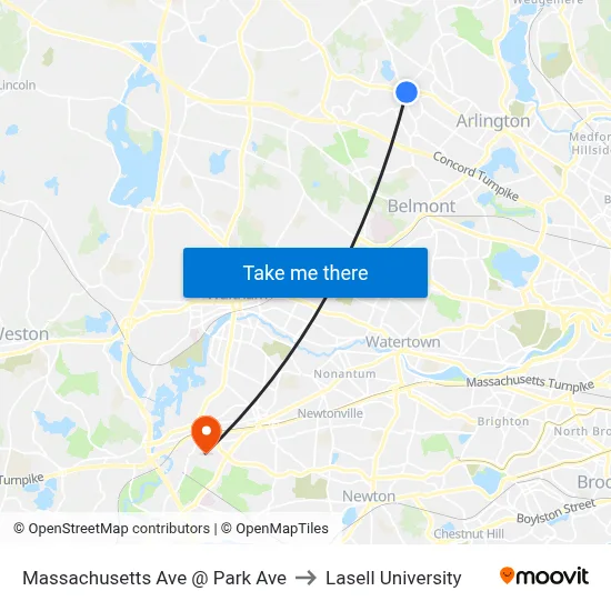 Massachusetts Ave @ Park Ave to Lasell University map