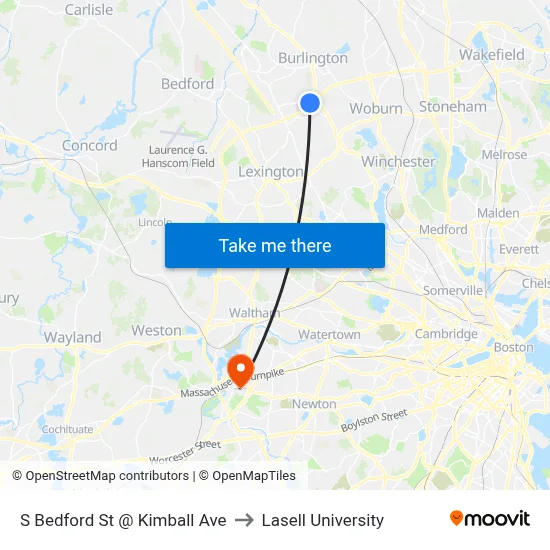 S Bedford St @ Kimball Ave to Lasell University map
