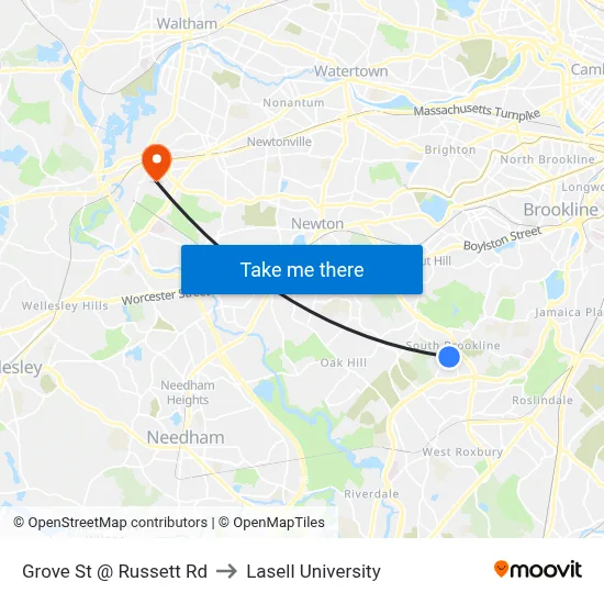 Grove St @ Russett Rd to Lasell University map