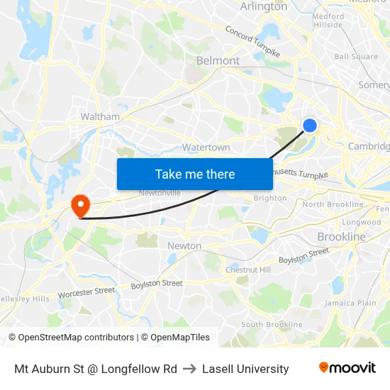 Mt Auburn St @ Longfellow Rd to Lasell University map