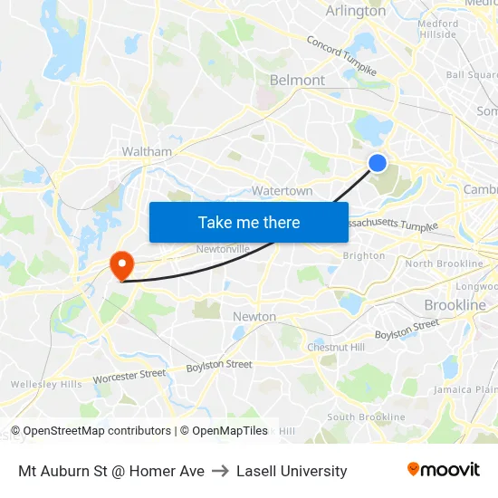 Mt Auburn St @ Homer Ave to Lasell University map