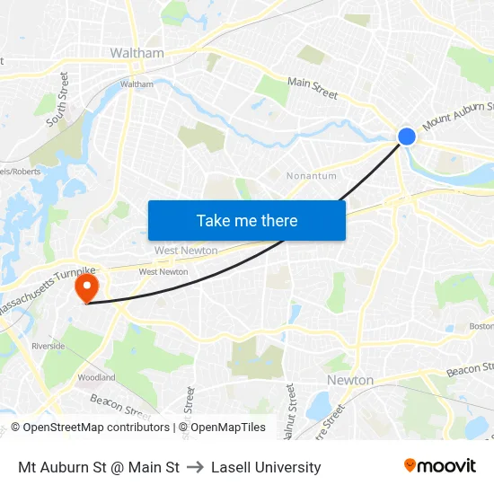 Mt Auburn St @ Main St to Lasell University map