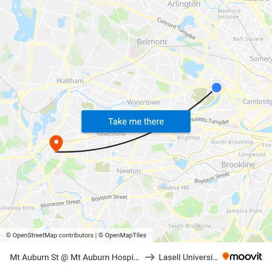 Mt Auburn St @ Mt Auburn Hospital to Lasell University map