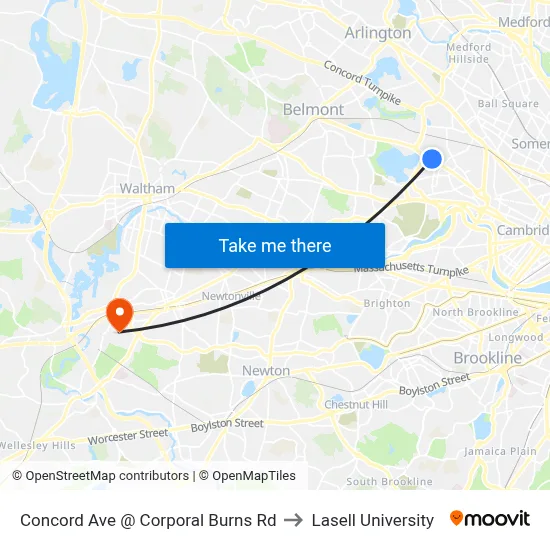 Concord Ave @ Corporal Burns Rd to Lasell University map