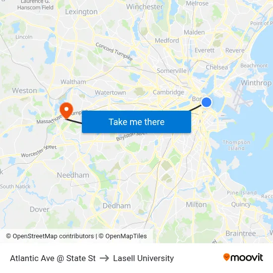 Atlantic Ave @ State St to Lasell University map