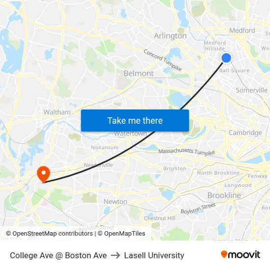 College Ave @ Boston Ave to Lasell University map
