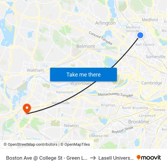 Boston Ave @ College St - Green Line to Lasell University map