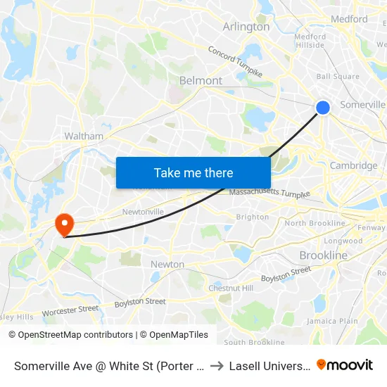 Somerville Ave @ White St (Porter Sq) to Lasell University map