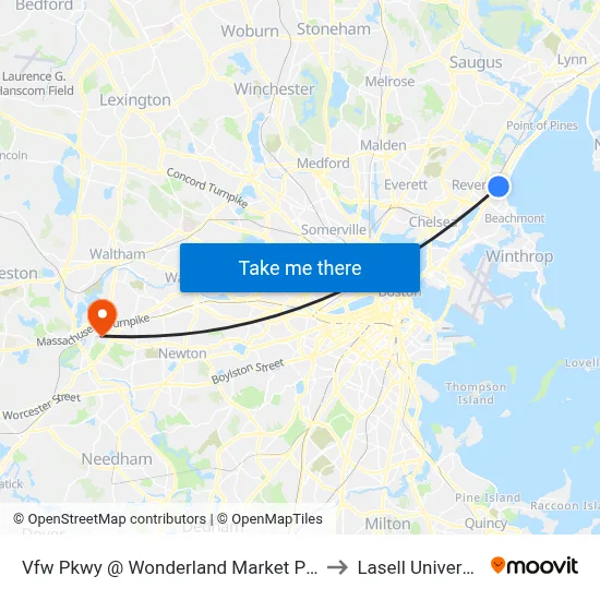Vfw Pkwy @ Wonderland Market Place to Lasell University map