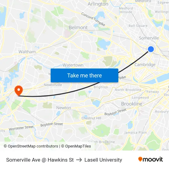 Somerville Ave @ Hawkins St to Lasell University map