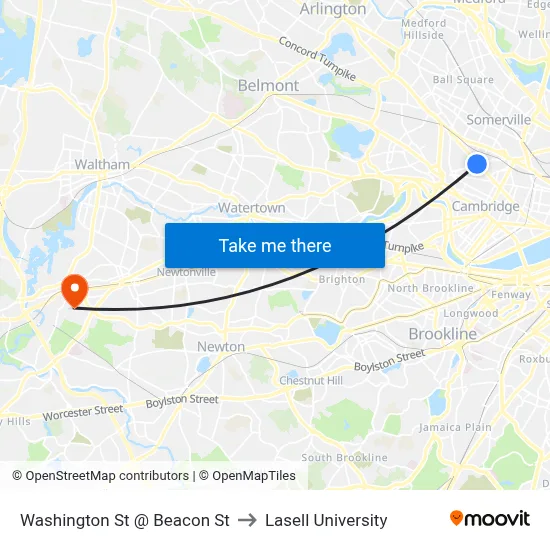 Washington St @ Beacon St to Lasell University map