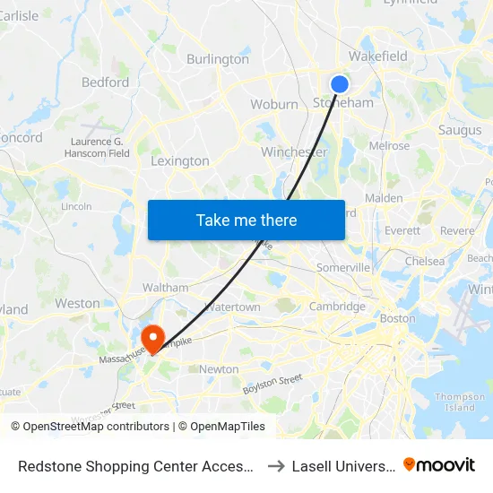 Redstone Shopping Center Access Rd to Lasell University map