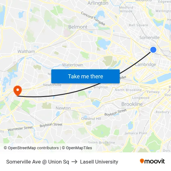 Somerville Ave @ Union Sq to Lasell University map