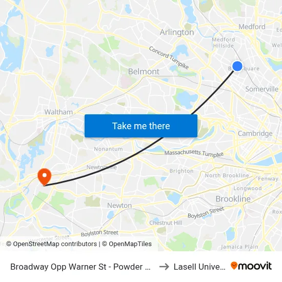 Broadway Opp Warner St - Powder House Sq to Lasell University map