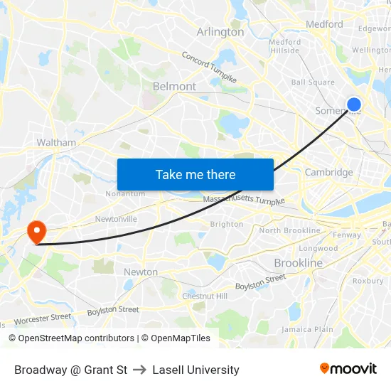 Broadway @ Grant St to Lasell University map