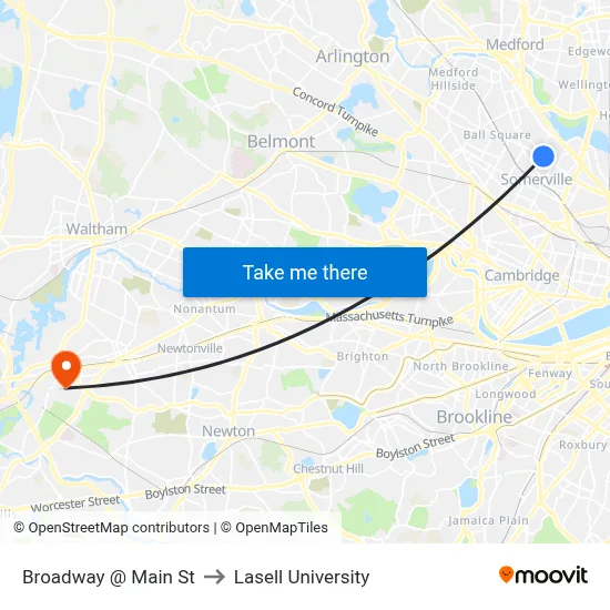 Broadway @ Main St to Lasell University map