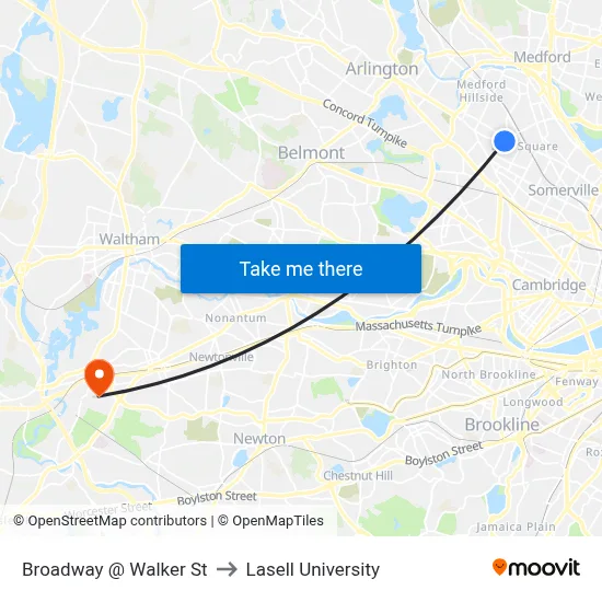 Broadway @ Walker St to Lasell University map