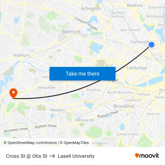 Cross St @ Otis St to Lasell University map