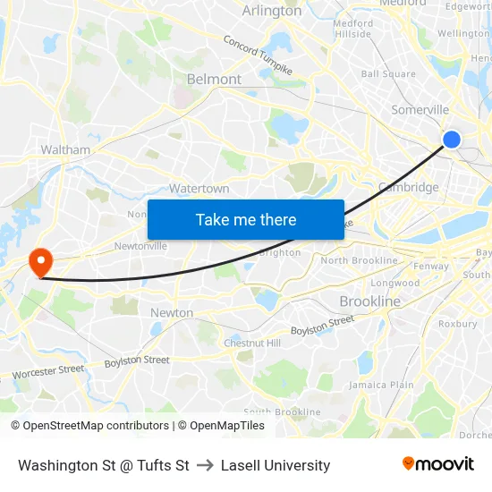 Washington St @ Tufts St to Lasell University map