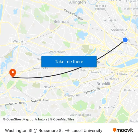 Washington St @ Rossmore St to Lasell University map
