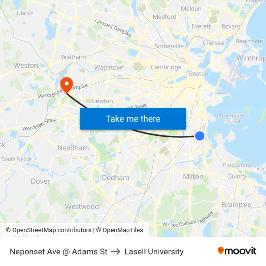 Neponset Ave @ Adams St to Lasell University map