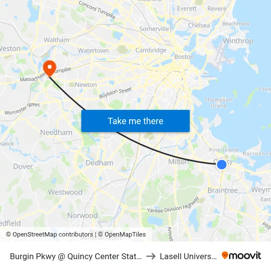 Burgin Pkwy @ Quincy Center Station to Lasell University map