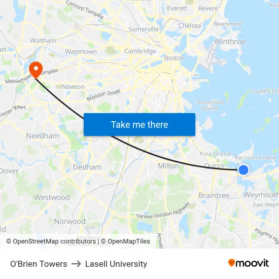 O'Brien Towers to Lasell University map