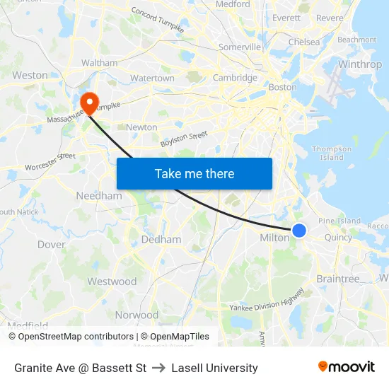 Granite Ave @ Bassett St to Lasell University map