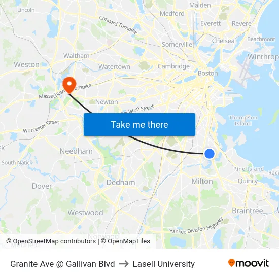 Granite Ave @ Gallivan Blvd to Lasell University map