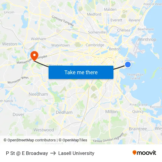 P St @ E Broadway to Lasell University map