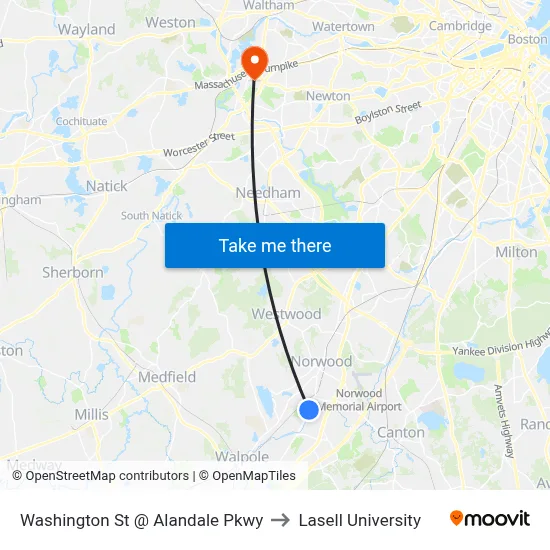 Washington St @ Alandale Pkwy to Lasell University map