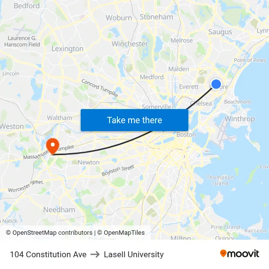 104 Constitution Ave to Lasell University map