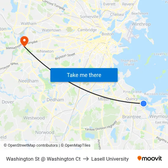 Washington St @ Washington Ct to Lasell University map
