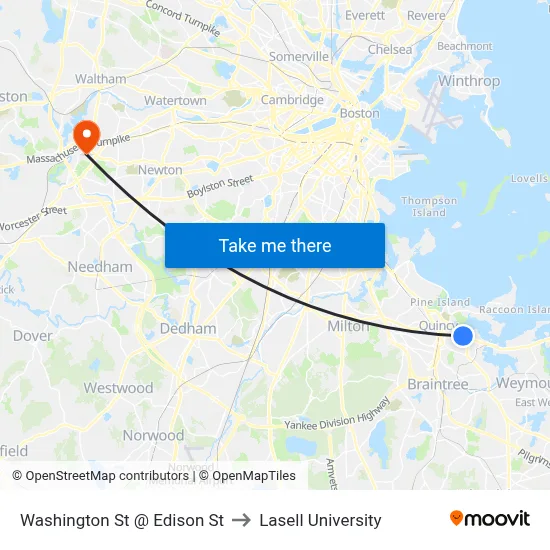 Washington St @ Edison St to Lasell University map