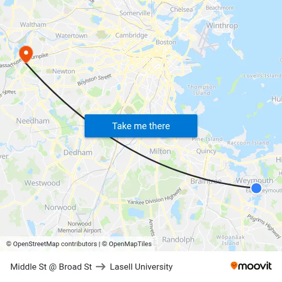 Middle St @ Broad St to Lasell University map